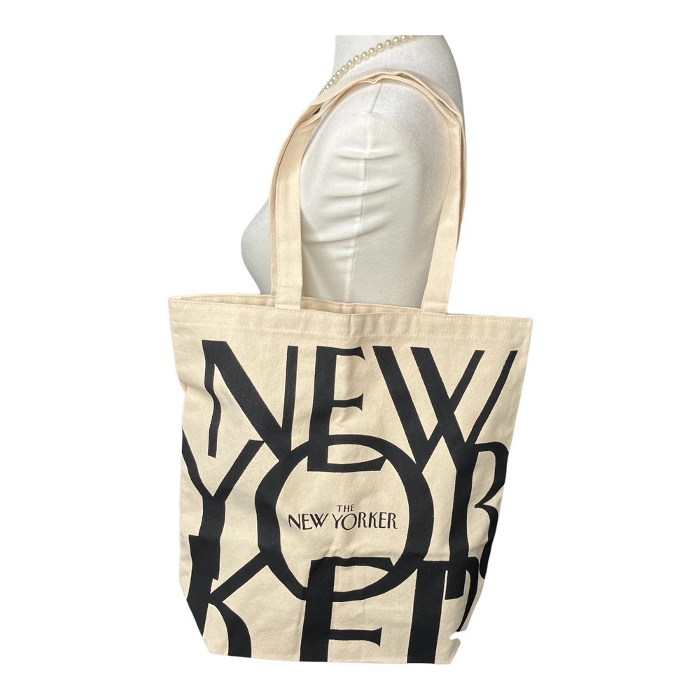 The New Yorker Tote Bag Cream Black Canvas Logo Print Book Bag Literary Chic